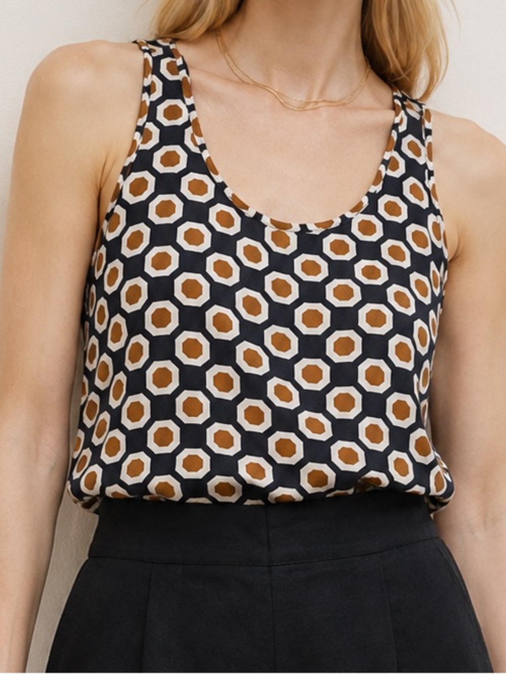 Theory Lorrie Silk Blend Navy Geometric Tank Blouse Large